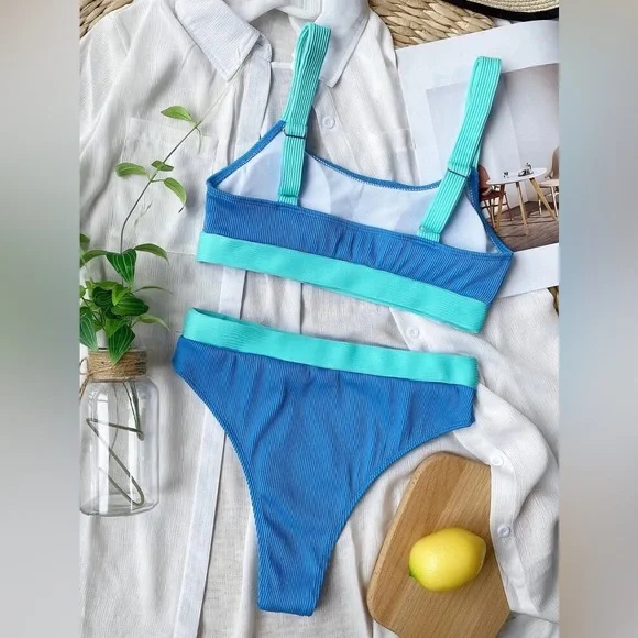 SHEIN Rib Color Block Bikini Swimsuit - Picture 3 of 7